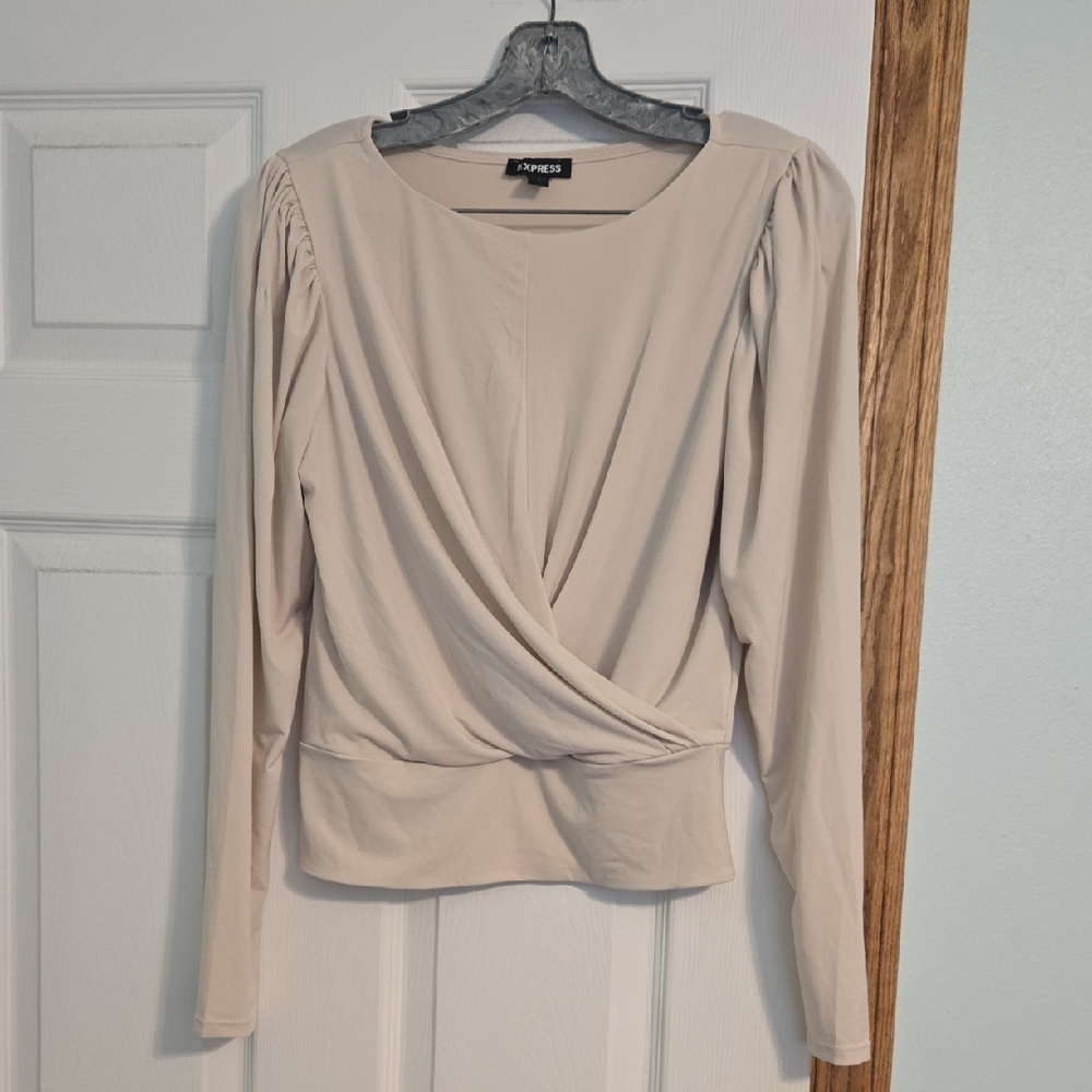 Tan Cream Wrap Blouse Long Sleeve